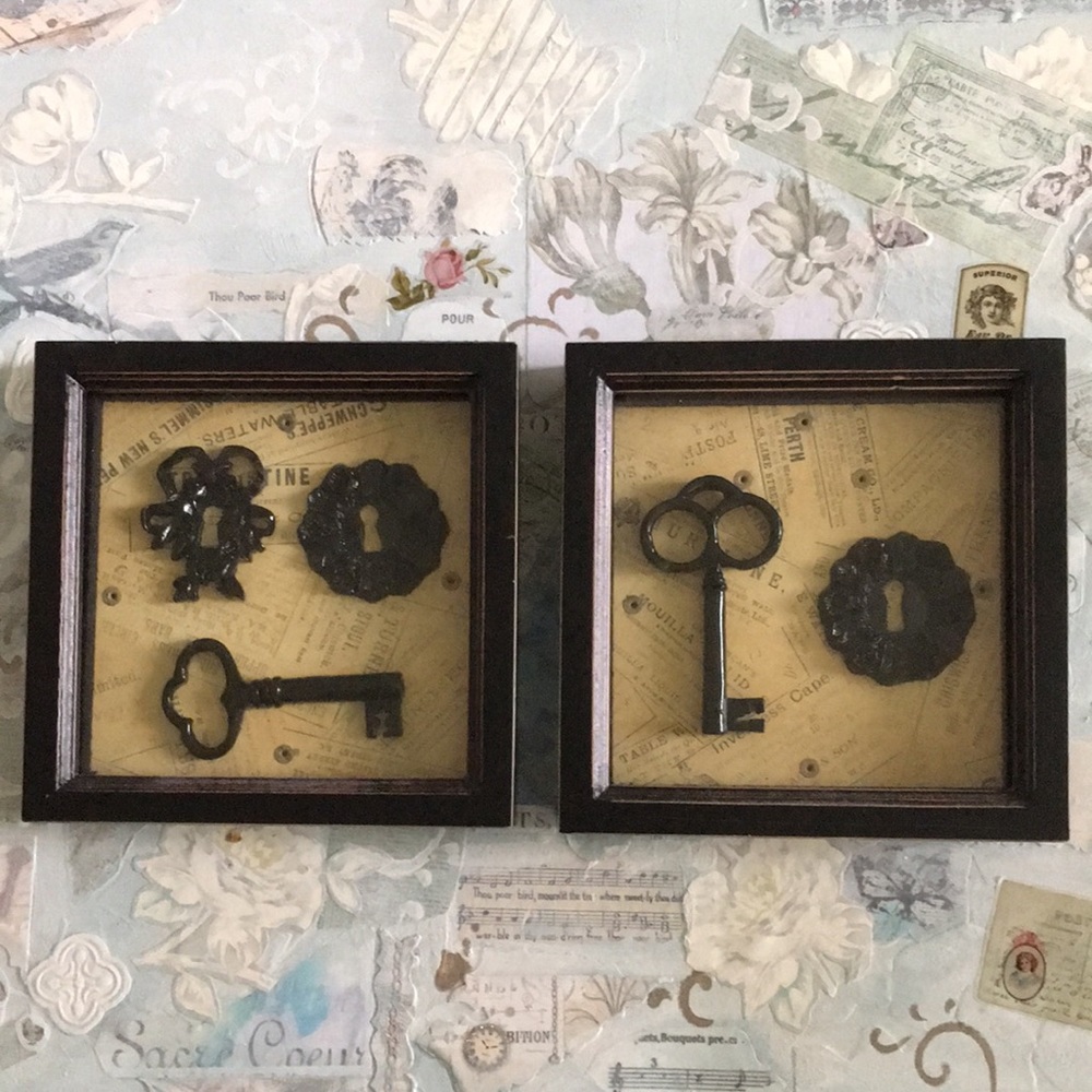 Key and Locks Newspaper Print Style Pictures in Black Frame Set Of Two*